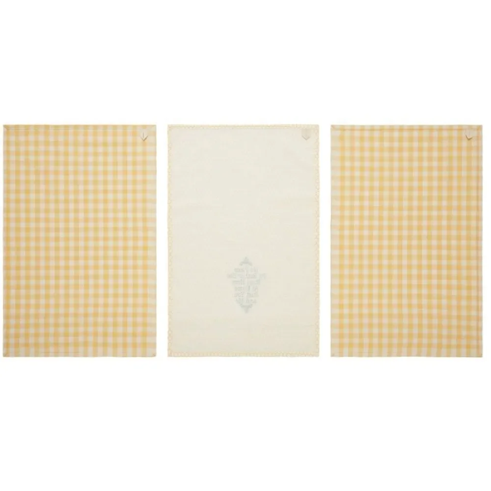 Honey Bee Cotton Ruffled Tea Towel Set of 3 Farmhouse Sunny Yellow Plaid